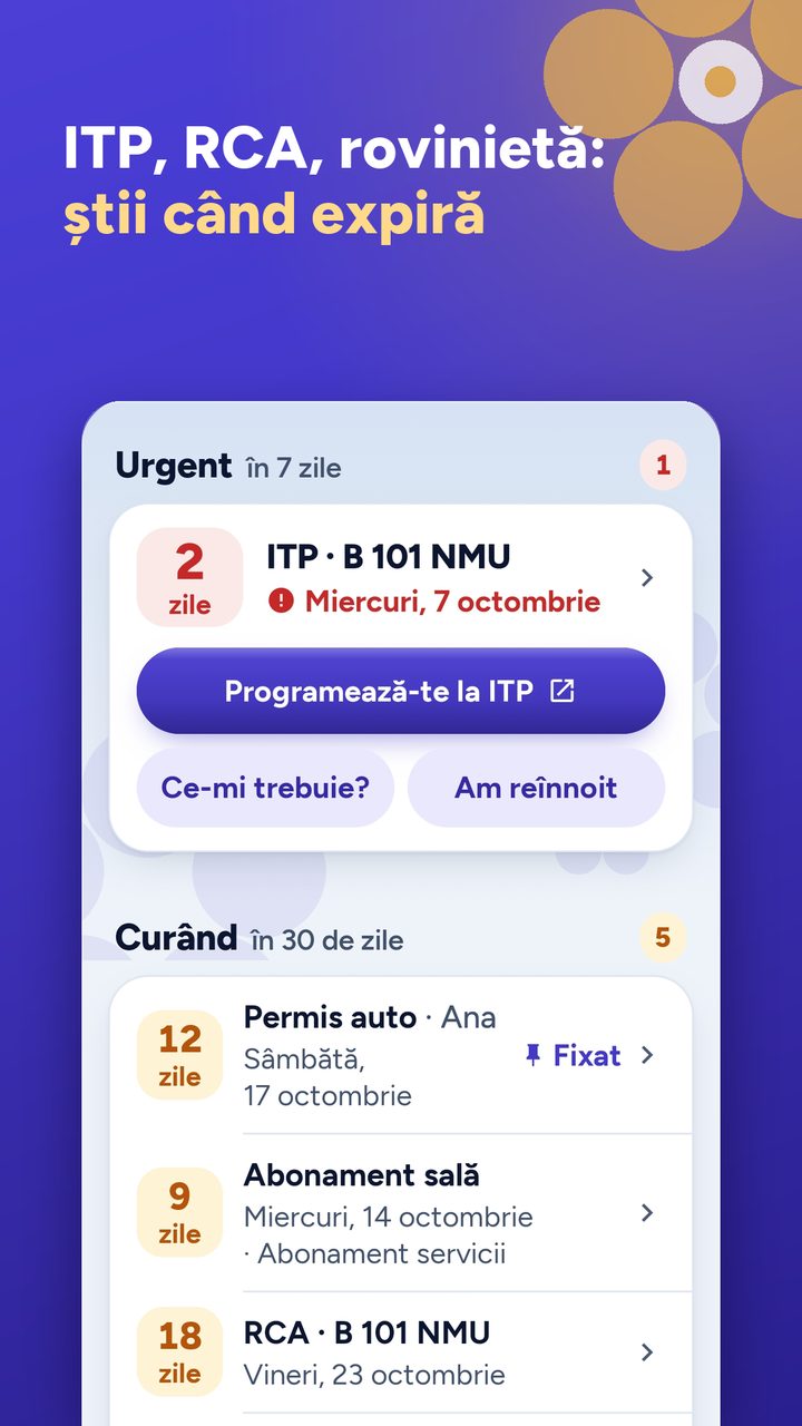 The app home screen, in Romanian: an ITP test due in 2 days, with a button to book it, then the documents expiring within 30 days.