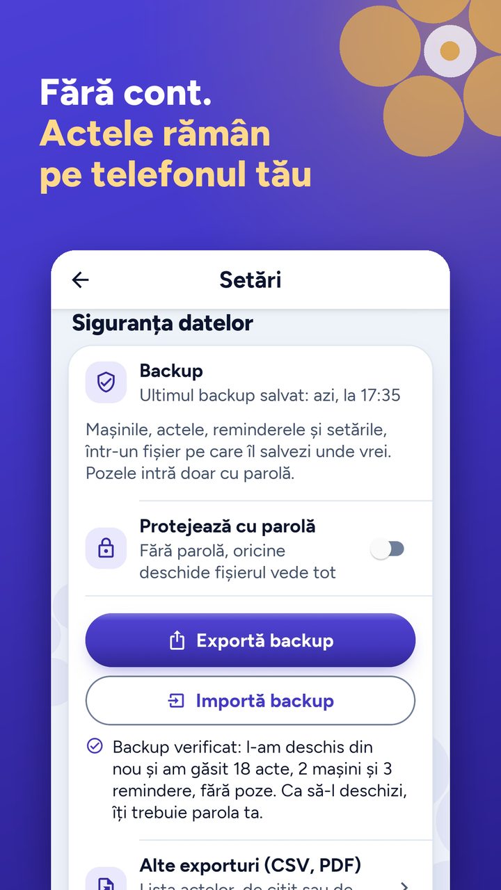 The Settings screen, in Romanian, “Data safety”: backup to a file you save wherever you like, with optional password protection.