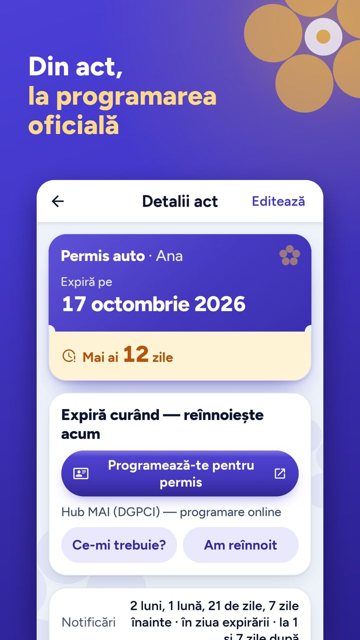 A document screen, in Romanian: a driving licence expiring in 12 days, with a button to book the renewal appointment and buttons for the “What I need” guide and “I renewed it”.